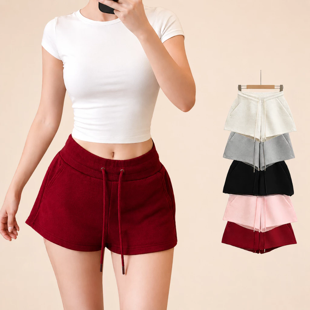 Quần short nữ ống rộng cạp cao bản to dáng ngắn phối dây chất nỉ 2 da năng động hot trend 23thang9 902