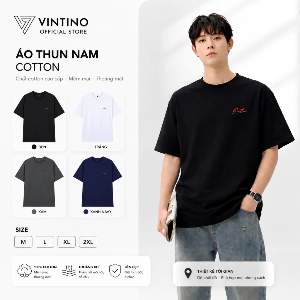 COMBO 2 Áo Thun Nam Nữ VINTINO Cổ Tròn Vải Cotton 250gsm Thoáng Mát Co Gian Họa Tiết Thêu Logo Nổi AT05