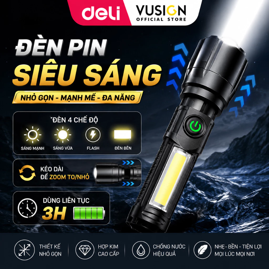 Đèn pin cầm tay Deli siêu sáng - 4 chế độ đèn có dải LED - dùng liên tục 3H nhỏ gọn