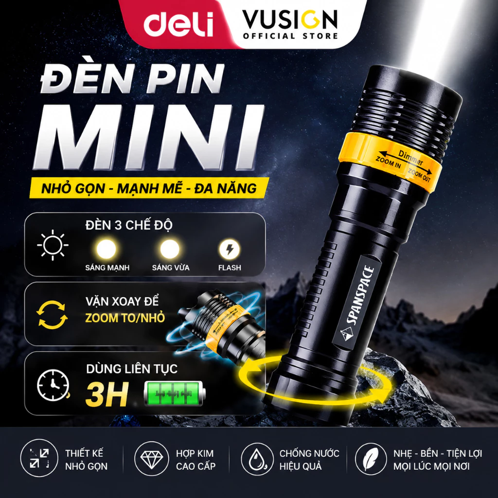 Đèn pin siêu sáng Deli 3 chế độ đèn zoom xa gần mini nhỏ gọn cầm mang đi leo núi đa năng