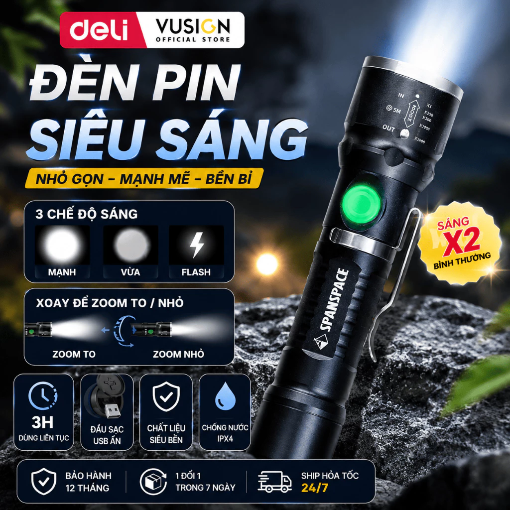 Đèn pin mini Deli siêu sáng - 3 chế độ sáng mạnh - vừa - flash - zoom to nhỏ, có kẹp gài