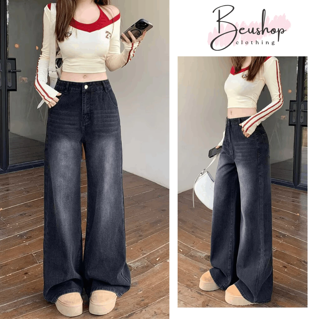 Quần Jean Nữ Wash Retro Suông Ống Rộng 28CM Cạp Cao Chất Jean Mềm Không Phai Xù Hack Chân Tôn Dáng