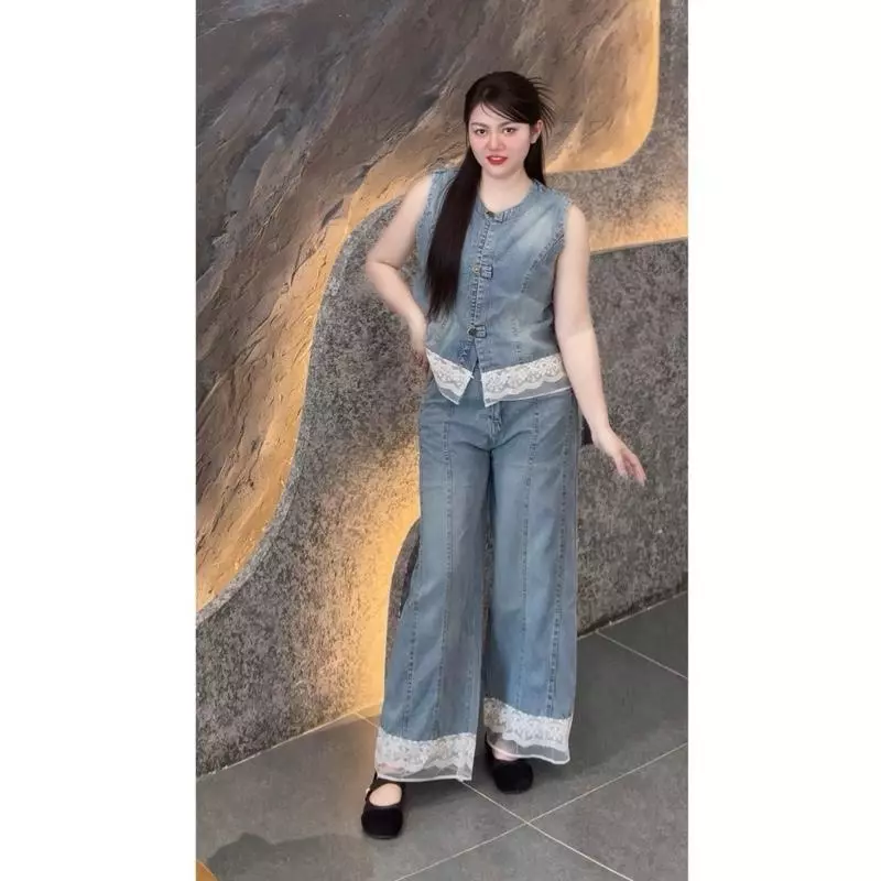 241 BIGGSIZE Set bộ jeans nữ áo ba lỗ nữ cổ tròn phối ren kèm quần suông chun sau