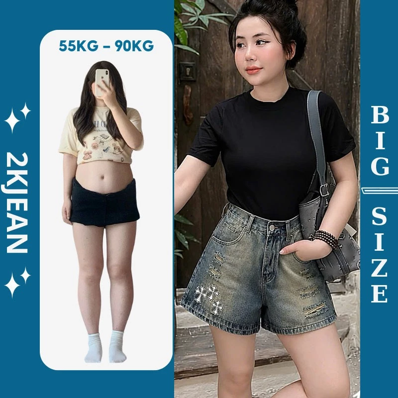 Quần Short Jean Nữ Rách Lưng Chun Form Chữ A  kiểu Thêu Bigsize 55–85kg Lưng Cao Che Khuyết Điểm QC1318 – 2KJeans