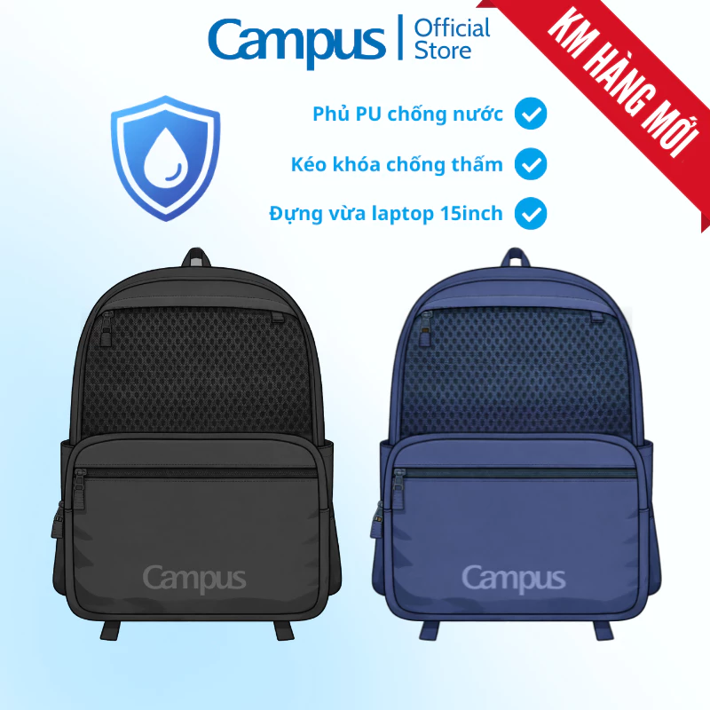 Balo Chống Nước Campus SCB-300 Màu Đen / Xanh Đen Chất Liệu Phủ PU Chống Nước, Khóa Kéo Chống Thấm, Nhiều Ngăn Phụ