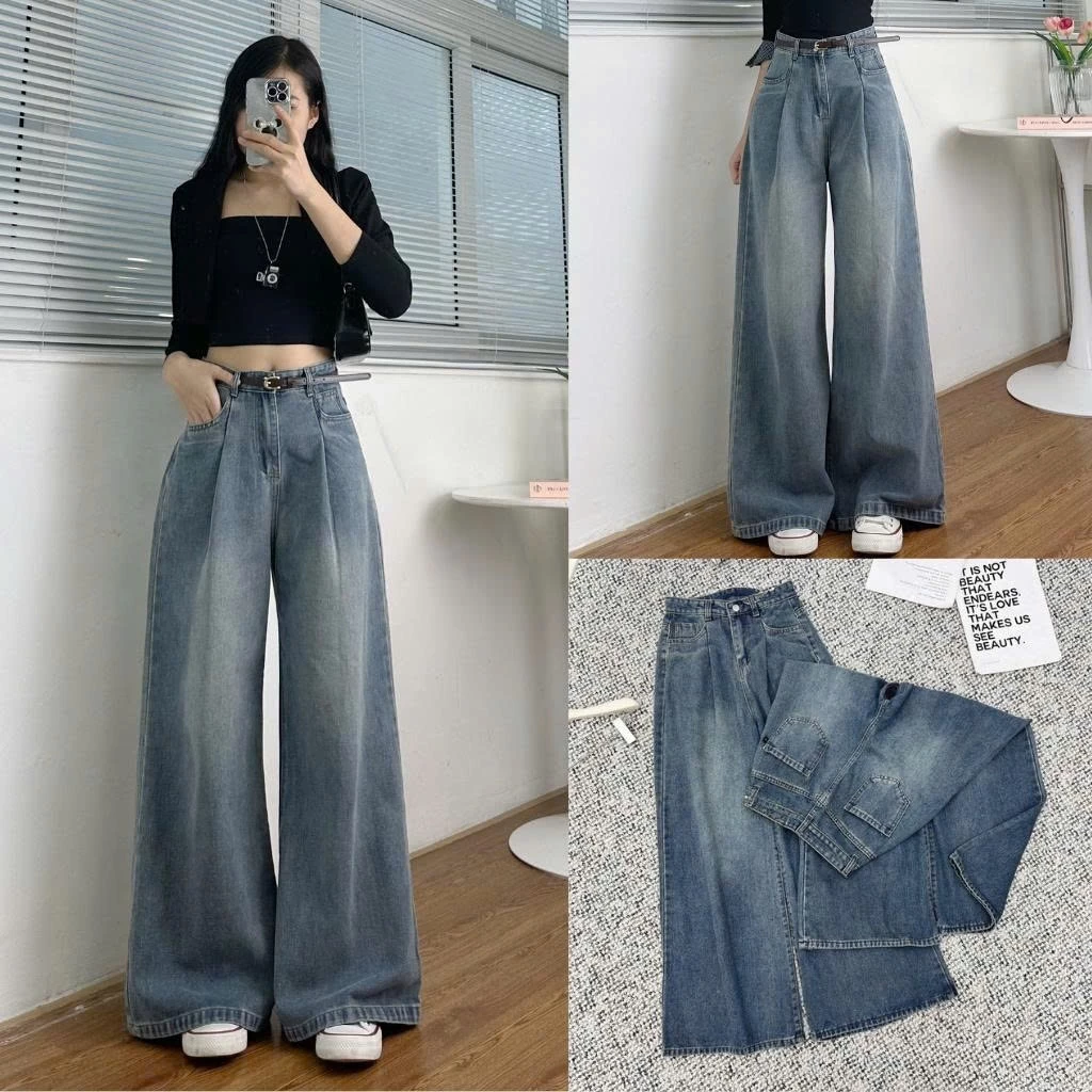 Quần Jean Nữ Hari Ống Rộng Dáng Suông Ly Trước Tôn Dáng Dài ,Quần Bò Cạp Cao Dễ Mặc Đi Học Đi Làm