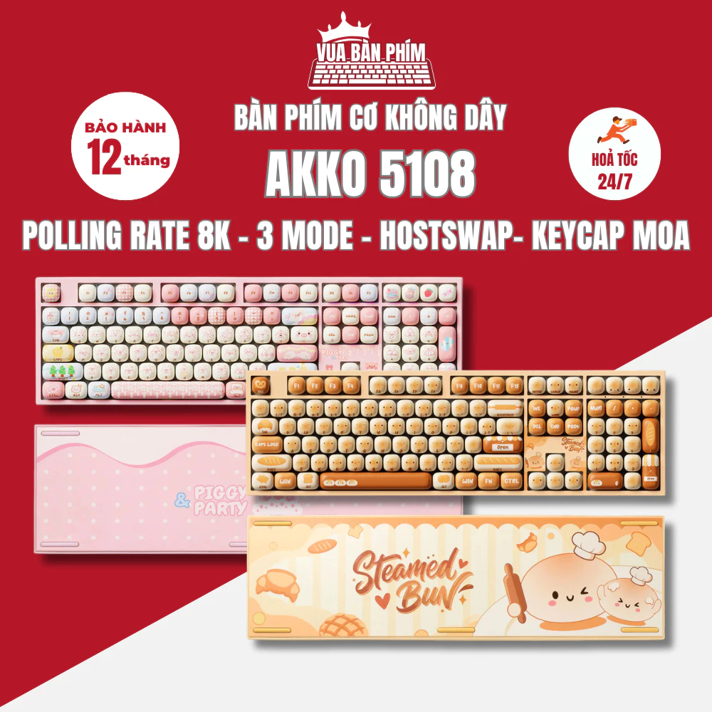 Bàn phím cơ không dây Akko 5108 / mg108b keycap Mantou Paradise / Pig Party layout 108 phím , led rgb , hotswap