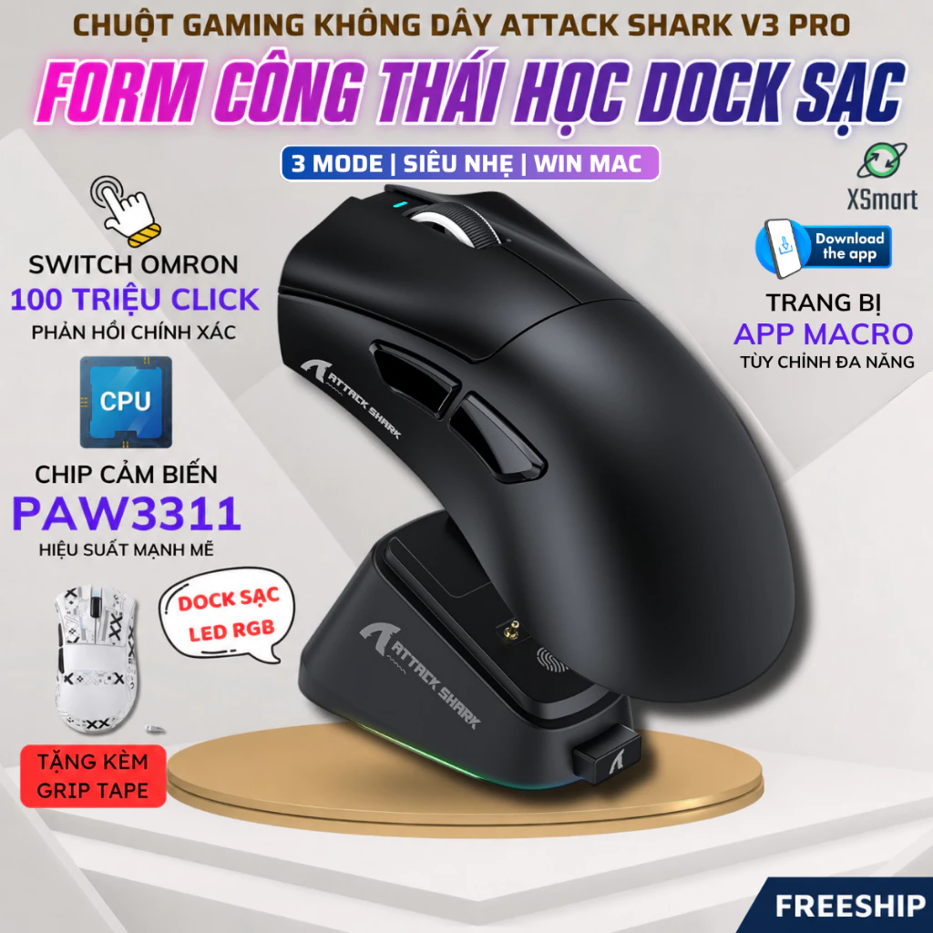 Chuột Gaming Không Dây Attack Shark V3 Pro Sạc Từ Tính RGB, Chip PAW3311, Switch Omron App Macro