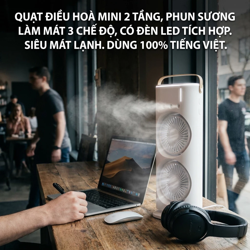 Quạt Phun Sương Mini 2 Tầng Tạo Ẩm, Quạt Điều Hòa Hơi Nước 3 Chế Độ Gió Có Đèn LED Dùng Bàn Học
