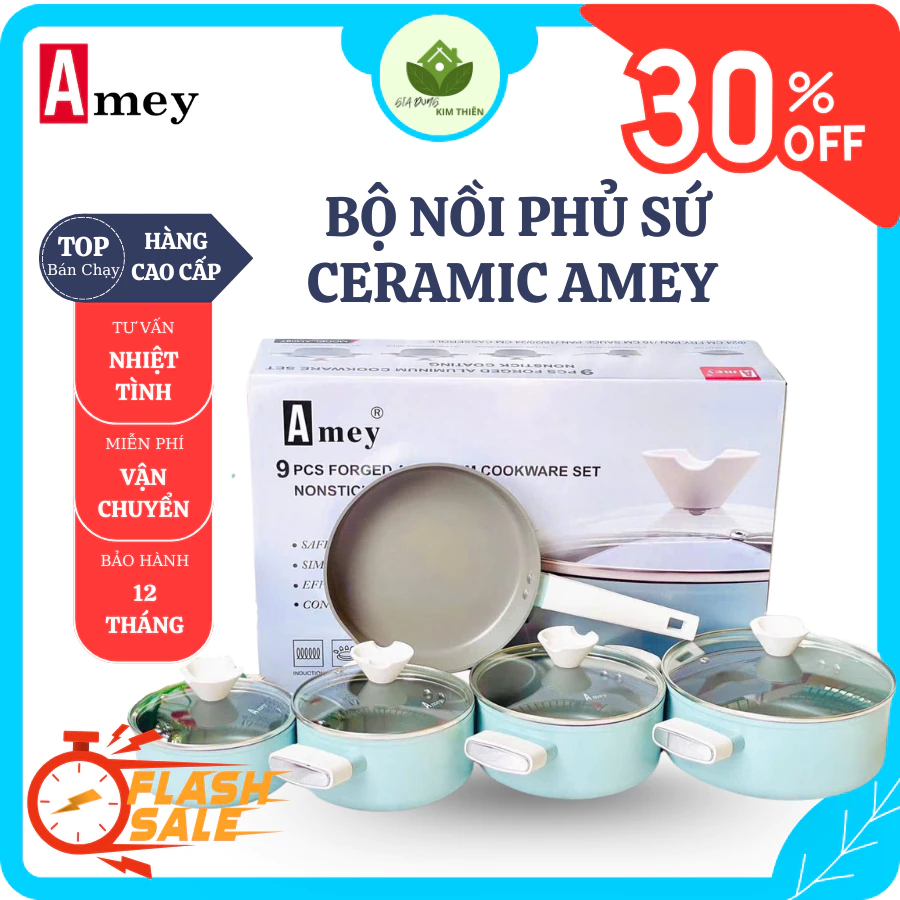 Bộ Nồi Phủ Sứ Chống Dính Amey AM097 Sang Trọng Chống Dính Hiệu Quả, Bắt Nhiệt Tốt Giữ Nhiệt Lâu - Gia Dụng Kim Thiên