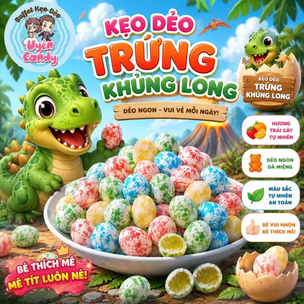 Kẹo Dẻo Trứng Khủng Long, Bên Ngoài Giòn Tan Bên Trong Mềm, Thơm Đậm Vị Trái Cây, Vị Chua Ngọt