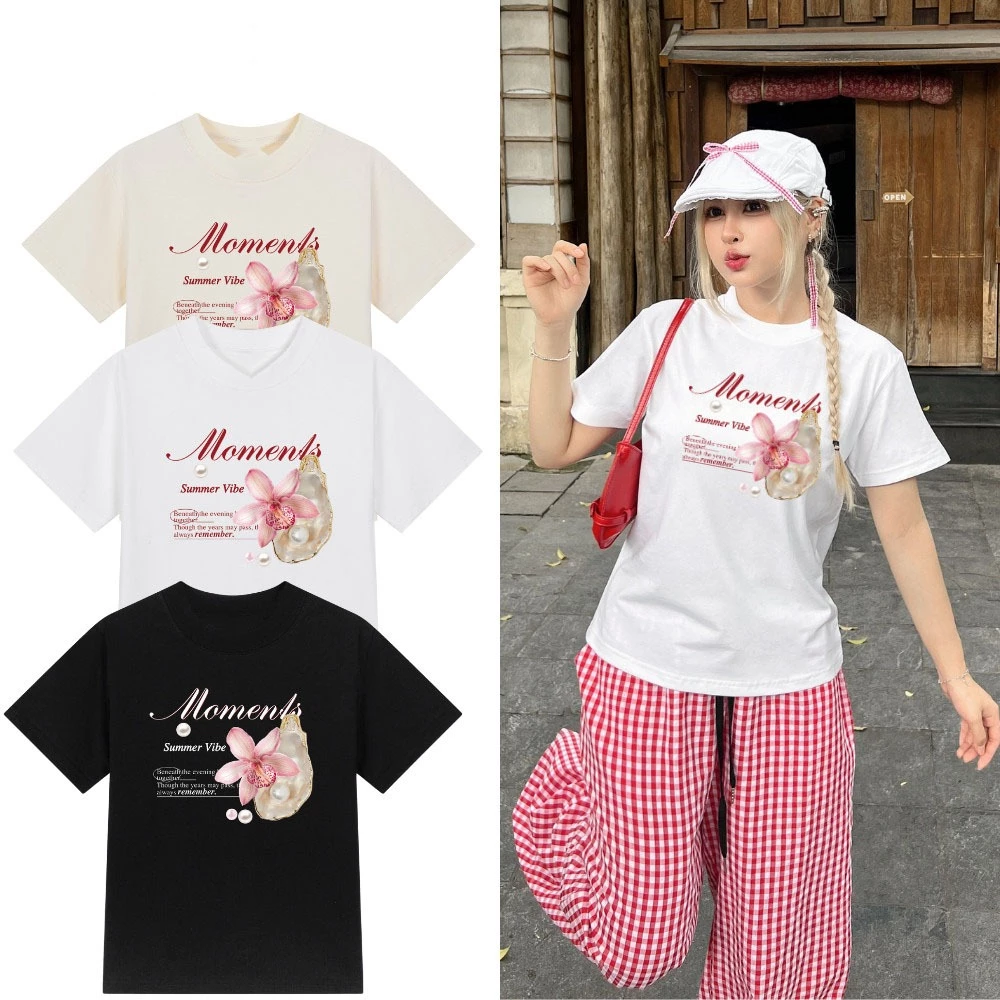 Áo BabyTee- HOA & NGỌC TRAI - Premium Cotton Sợi Đôi 250gsm - 2 Chiều Cổ Tròn
