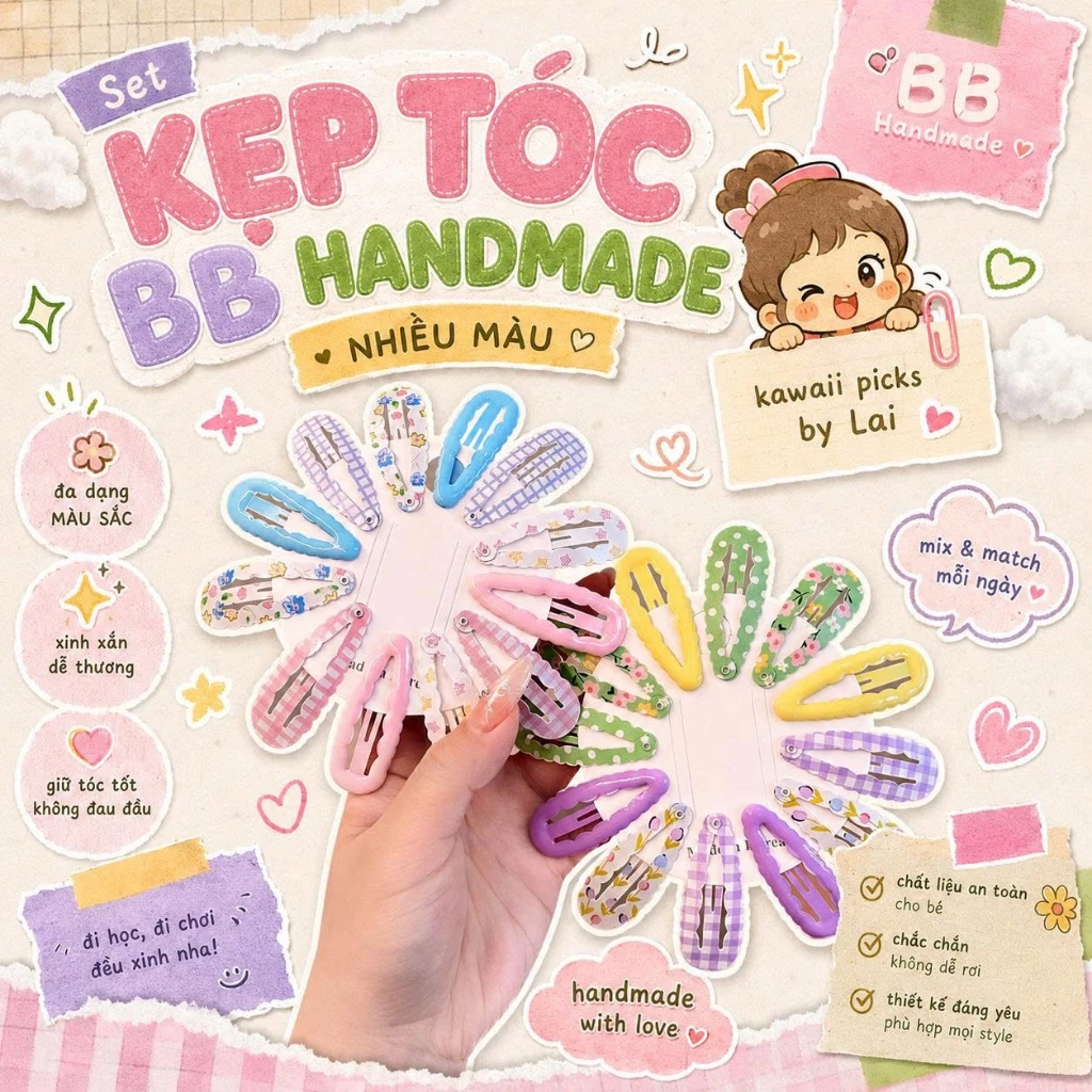 Set 6 Kẹp Tóc Bấm Handmade Nhiều Màu - Kẹp Tóc BB Clip Xinh Xắn Giữ Tóc Mái Gọn Nhẹ Đầu