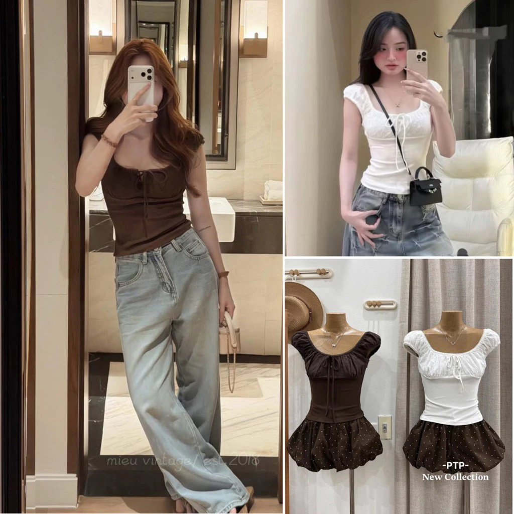 [HÀNG SẴN] Áo thun zip phối thô ren nơ ngực ôm body TINA TOP