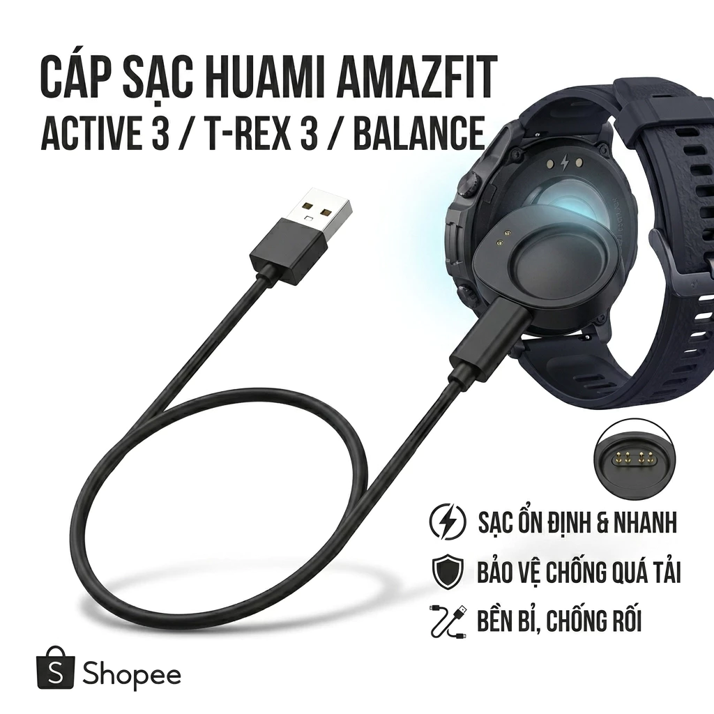 Cáp Sạc Đồng Hồ Amazfit Active 3 / T-Rex 3 / Balance - Dây Sạc Nam Châm Từ Tính Nhanh, An Toàn