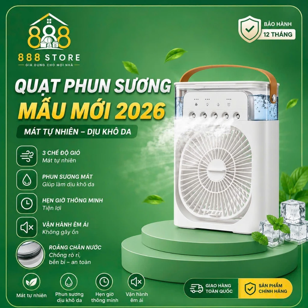 Quạt Điều Hòa Hơi nước Phun Sương KHÔNG TÍCH ĐIỆN- Quạt Để Bàn Dung Tích 600ml Có 3 Cấp Gió, Làm Mát Nha