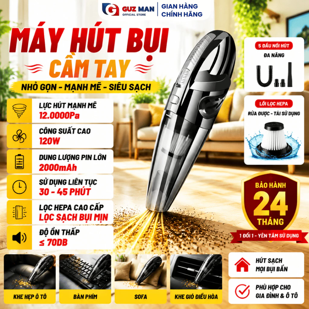 Máy hút bụi cầm tay mini 120W không dây pin sạc tiện lợi,hút mạnh cho ô tô gia đình,thiết kế nhỏ gọn