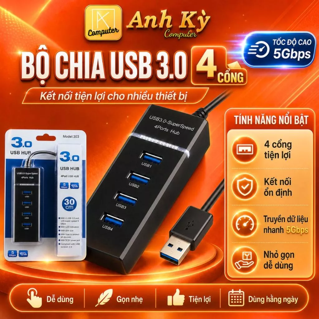 Bộ Chia USB 3.0 Mở Rộng 4 Cổng Hub Tốc Độ 5Gbps Dây 30cm Cho Laptop PC Chuột Bàn Phím Ổ Cứng