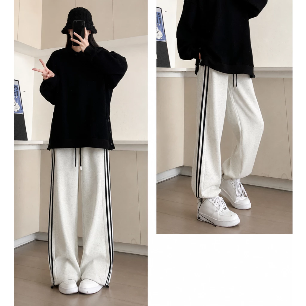 Quần Jogger Thể Thao Sọc Quần Ống Rộng Dáng Suông Unisex Nam Nữ Vải Nỉ Cotton Dày Dặn Mềm Mại