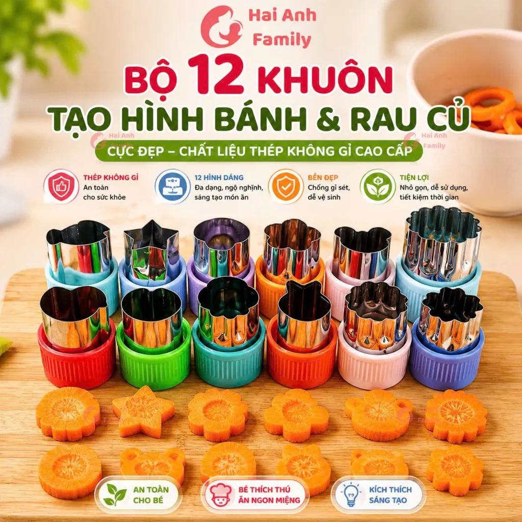 Bộ 12 khuôn tạo hình bánh và rau củ cực đẹp, chất liệu thép không gỉ cao cấp