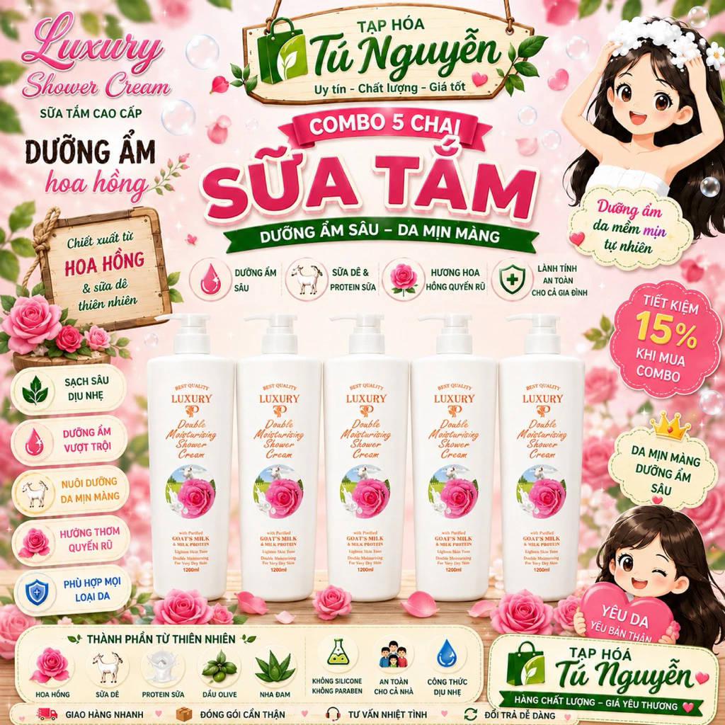COMBO 5 CHAI SỮA TẮM DÊ LUXURY HOA HỒNG THƠM SIÊU TO 1200ML CHÍNH HÃNG