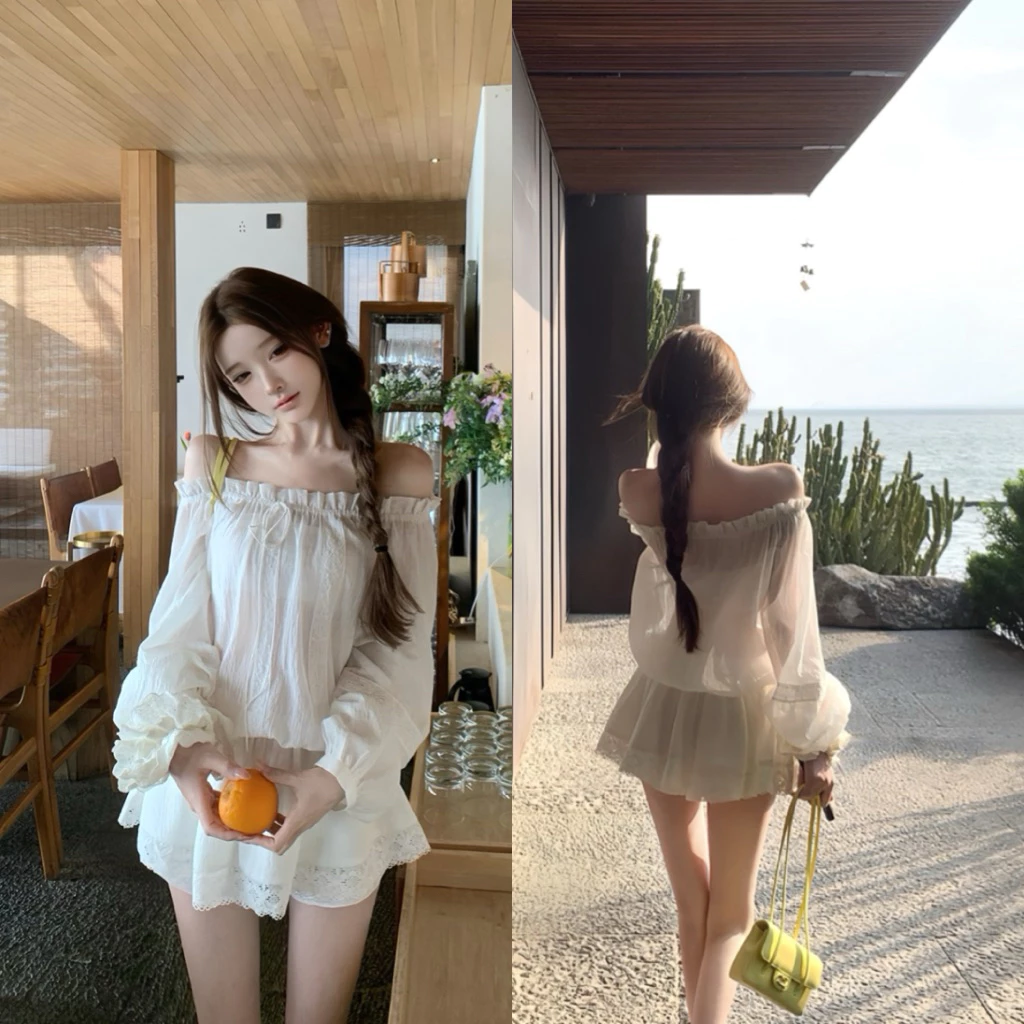 Set Áo Trễ Vai Tay Dài Kèm Quần Đùi, Set Đồ Nữ Đi Chơi đi Biển Màu Trắng Phối Ren Thiết Kế Tôn Dáng Tiểu Thư Sang Chảnh