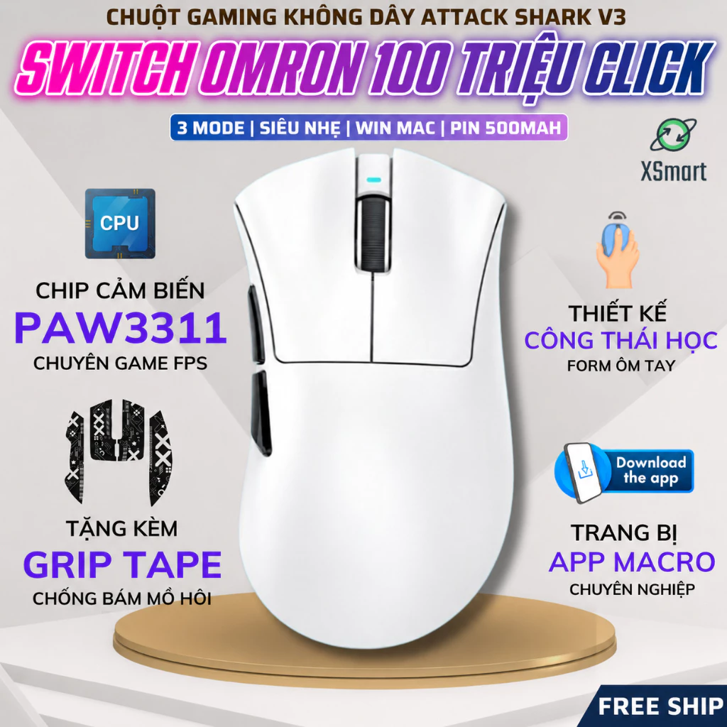 Chuột Không Dây Chuyên Game Attack Shark V3 Cảm Biến PAW3311, 25000 DPI, 3 Mode, Form Công Thái Học