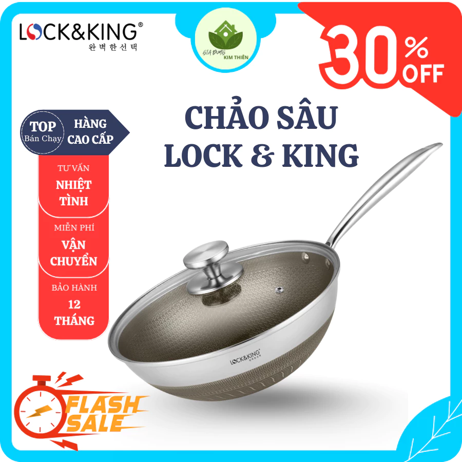 Chảo Sâu Titanium LockandKing Size 24cm 28cm Sâu Lòng Chiên Xào Thực Phẩm, Tay Cầm Chắc Chắn - Gia Dụng Kim Thiên