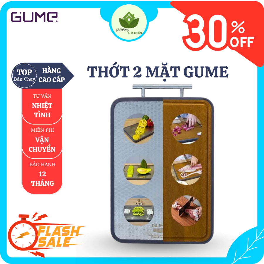 Thớt 2 Mặt Gume TGI - 01 Thiết Kế 2 Gỗ - Inox Mặt Tách Biệt Thực Phẩm Sống Chín, Dễ Dàng Vệ Sinh - Gia Dụng Kim Thiên