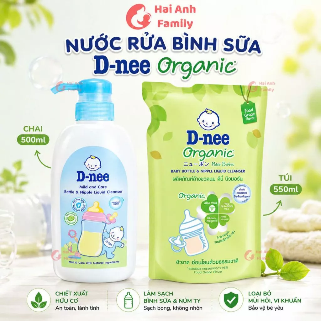 Nước rửa bình sữa Dnee organic Thái túi 550ml/ chai 500ml