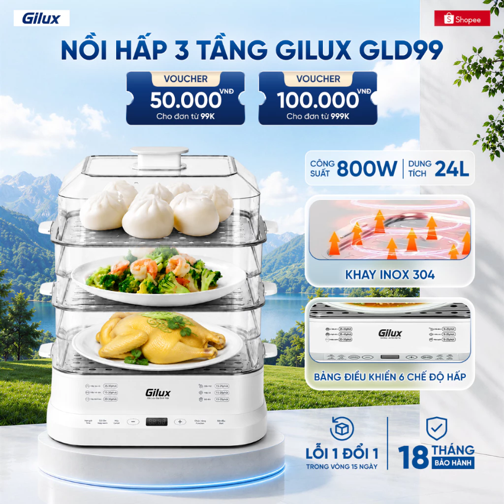 Nồi Hấp 3 Tầng Đa Năng Gilux GLD99 24L - Khay Inox 304 Giữ Ấm 12H Bảo Vệ Chất Dinh Dưỡng - Bảo Hành Chính Hãng 18 Tháng