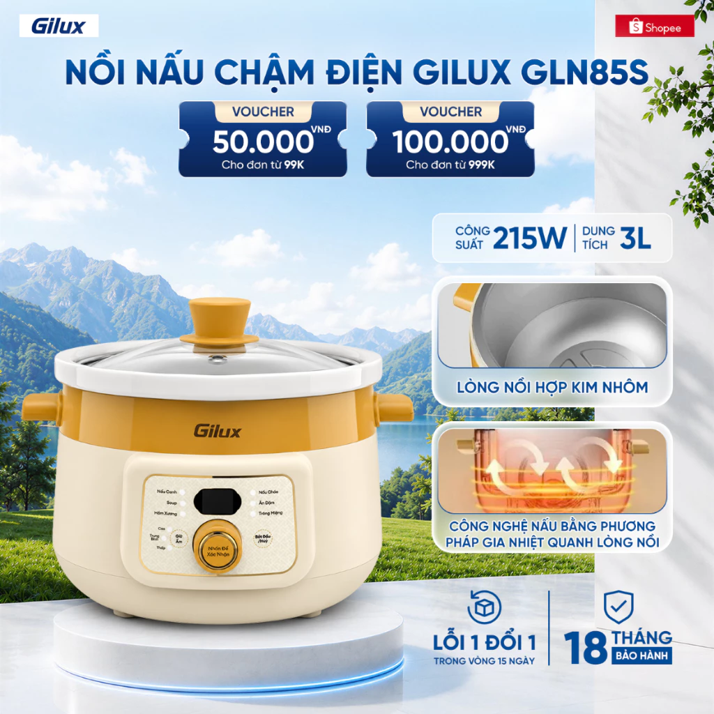 Nồi Kho Hầm Gilux GLN85S - Dung Tích 3L - Chưng Yến, Nấu Cháo Chậm Cho Bé Ăn Dặm - Bảo Hành Chính Hãng 18 Tháng