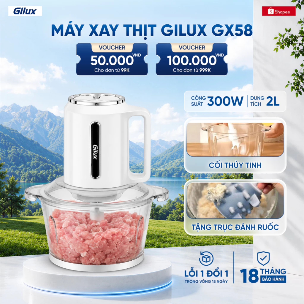 [Tặng Trục Làm Ruốc] Máy Xay Gilux GX58 Đa Năng - Cối Thủy Tinh  2L - Công Suất 300W - Bảo Hành Chính Hãng 18 Tháng