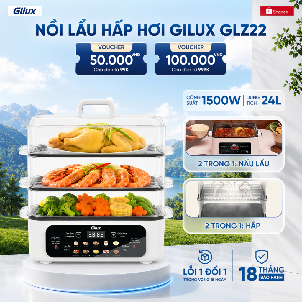 Nồi Lẩu Hấp Gilux GLZ22 Nồi Hấp 3 Tầng Điện Đa Năng 2in1 - Khay inox Công Suất 1500W - Bảo Hành Chính Hãng 18 Tháng