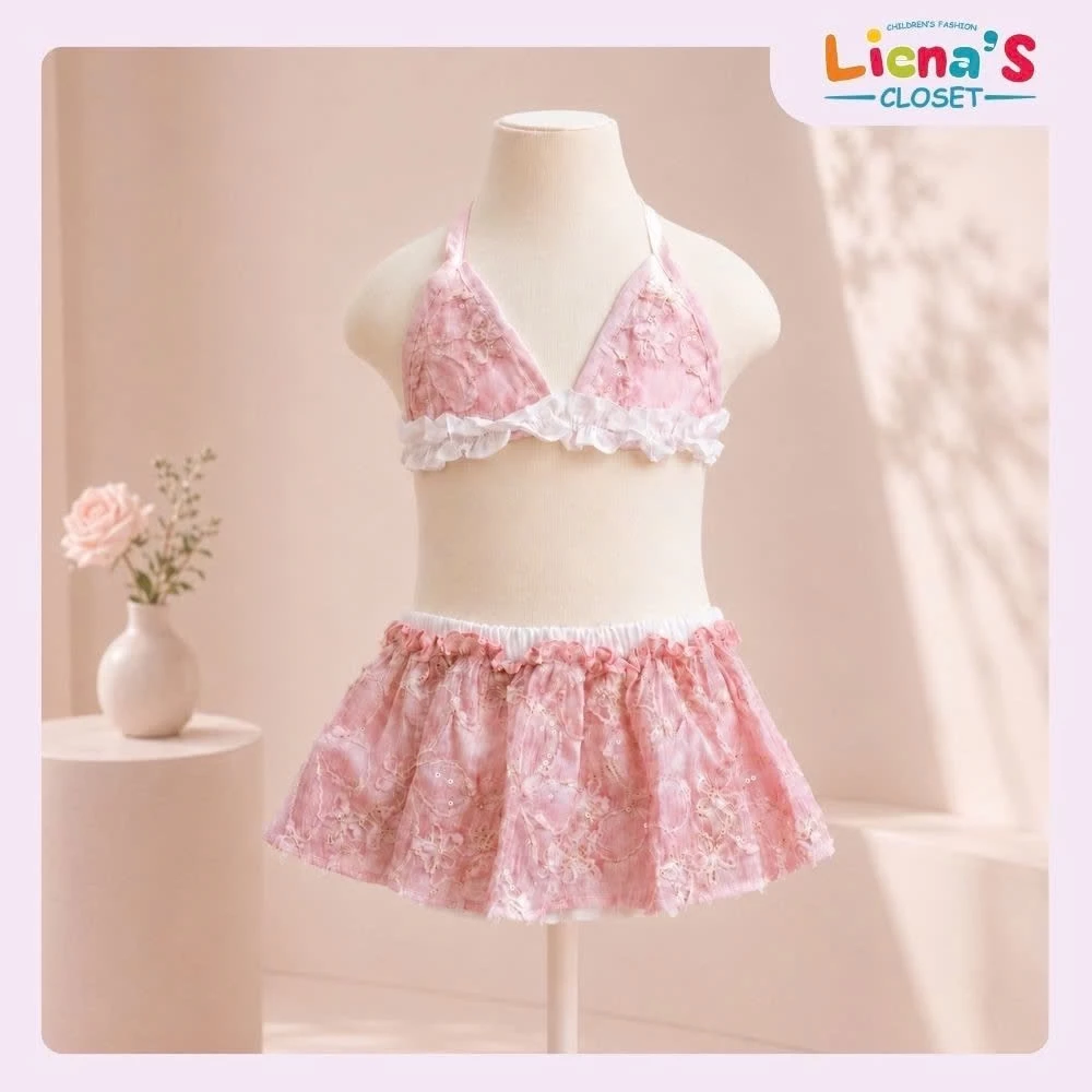 Đồ Bơi Bé Gái 2 Mảnh Bikini Màu Hồng Hoạ Tiết Hoa Thêu Nổi Dễ Thương Cho Bé Đi Biển - Liena’s Closet