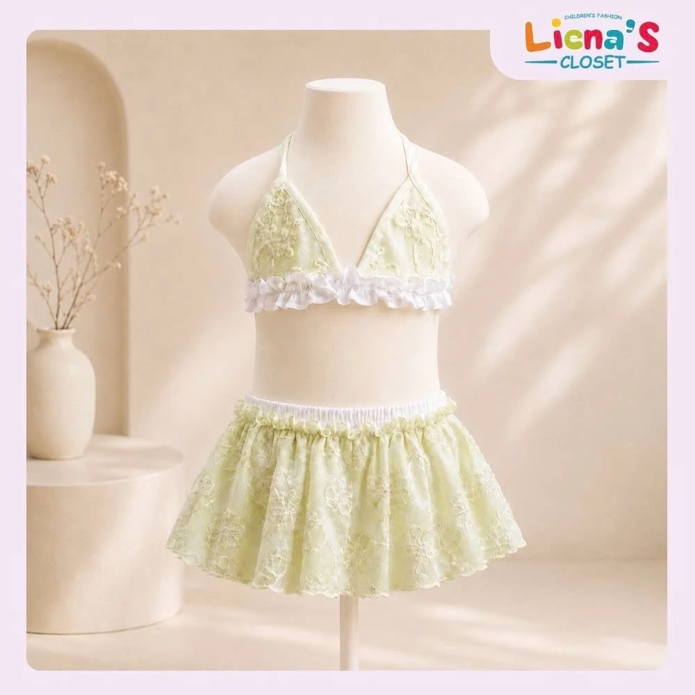 Đồ Bơi Bé Gái 2 Mảnh Bikini Màu Xanh Hoạ Tiết Hoa Thêu Nổi Sang Chảnh Cho Bé Đi Biển -  Liena’s Closet