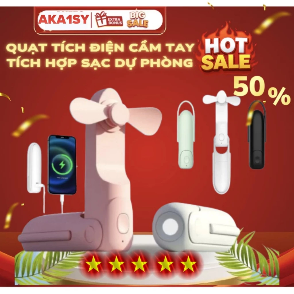 Quạt Mini Cầm Tay Tích Điện Cao Cấp,Gấp Gọn 3 Chế Độ Gió,Tích Hợp Sạc Dự Phòng Điện Thoại,Pin Trâu Bảo Hành 12 Tháng