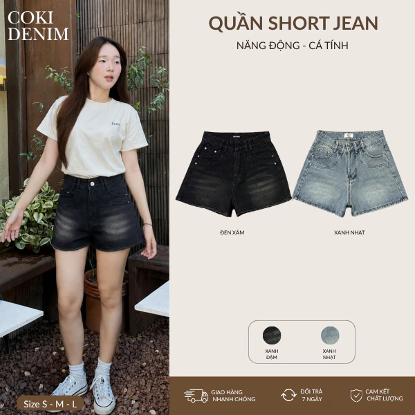 Quần Short Jean Nữ Túi Trước Kiểu 2 Màu Lưng Cạp Cao Basic