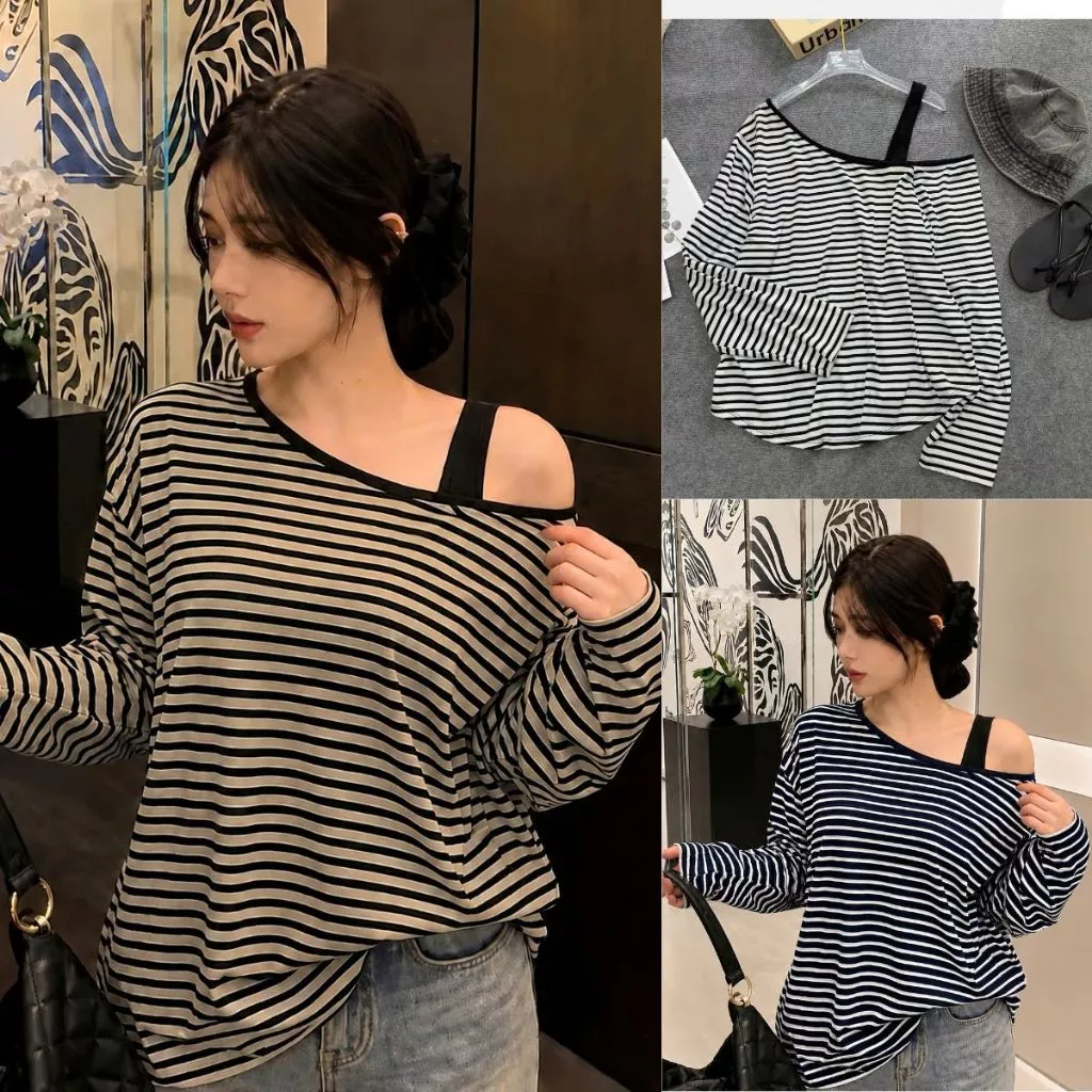 Áo Thun  Bigsize Nữ Tay Dài Dáng Rộng Kiểu Lệch Vai Kẻ Sọc Ngang Hottrend Dễ Phối Đồ Cho Nàng  50-92kg -A319