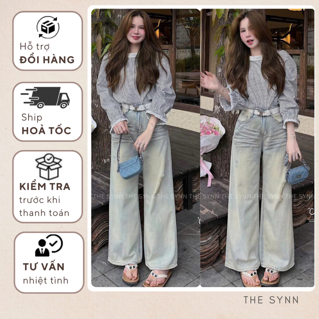 Q26 - Quần Jeans Nữ Ống Suông Form Rộng Trơn Màu Bạc Wash Loang Basic Phối Râu Mèo Phong Cách Cá Tính The Synn
