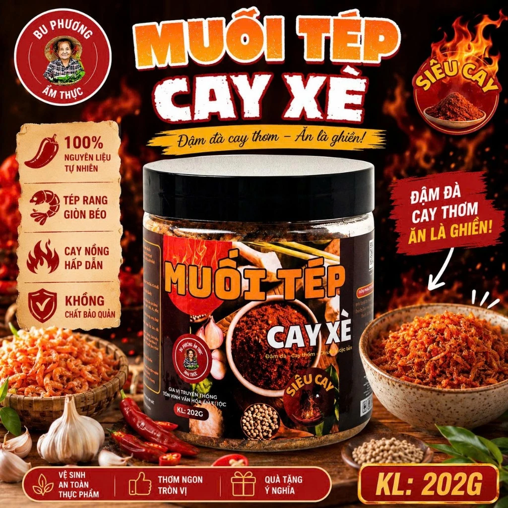 Muối Tép Cay Xè - Thương Hiệu Bu Phương Ẩm Thực (Chấm, Ướp: Các Loại Quả, Hải Sản, Đồ Nướng)