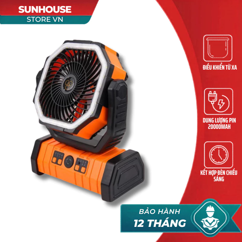 Quạt Sạc Tích Điện F6 Pin 20000mAh Kèm Đèn LED Chiếu Sáng, Có Cổng USB Sạc Điện Thoại