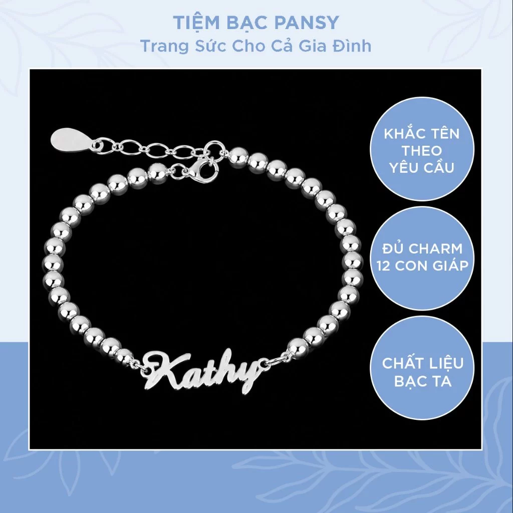 Lắc tay bạc ta cho bé gái dạng chuỗi bi, khắc kiểu chữ điệu xinh - TIỆM BẠC PANSY