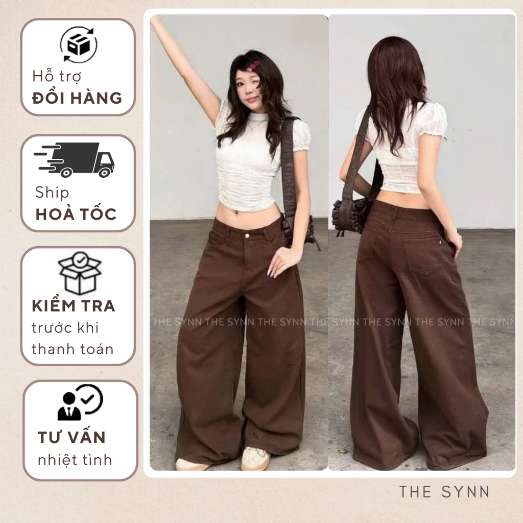 Q21 (S-L 102-105cm) - Quần Jean Nữ Ống Suông Rộng Màu Nâu Đơn Giản