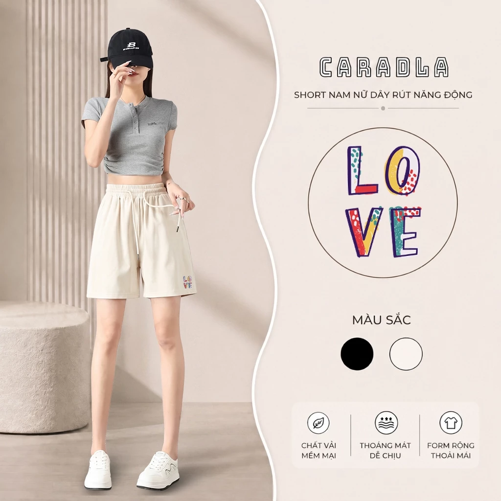 Quần Đùi Cạp Chun Nam Nữ, Quần Short By CARADLA BST01 Love Cham Chất Cotton Form Unisex Năng Động