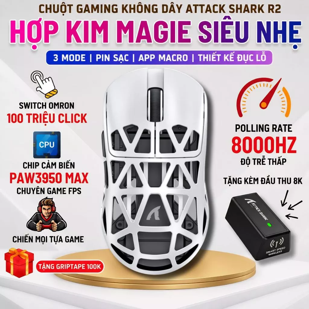 Chuột Gaming Không Dây Attack Shark R2 Magie Siêu Chip PAW3950 MAX Thế Hệ Mới Polling Rate 8K