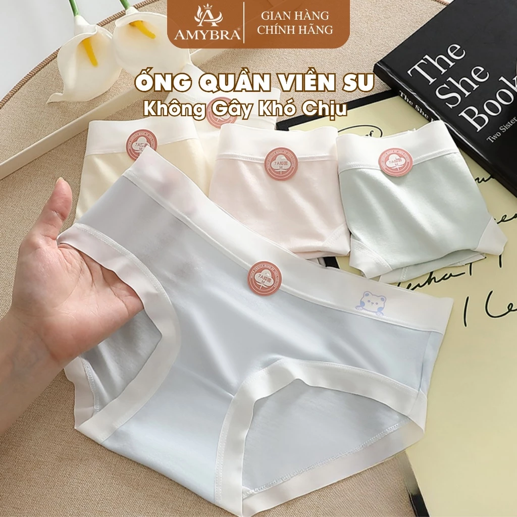 Quần Lót Nữ Cotton Viền Màu In Hình gấu Cute, Quần Chip Nữ Cạp Vừa Ôm Dáng Đáy May Kháng Khuẩn AMYBRA LY03