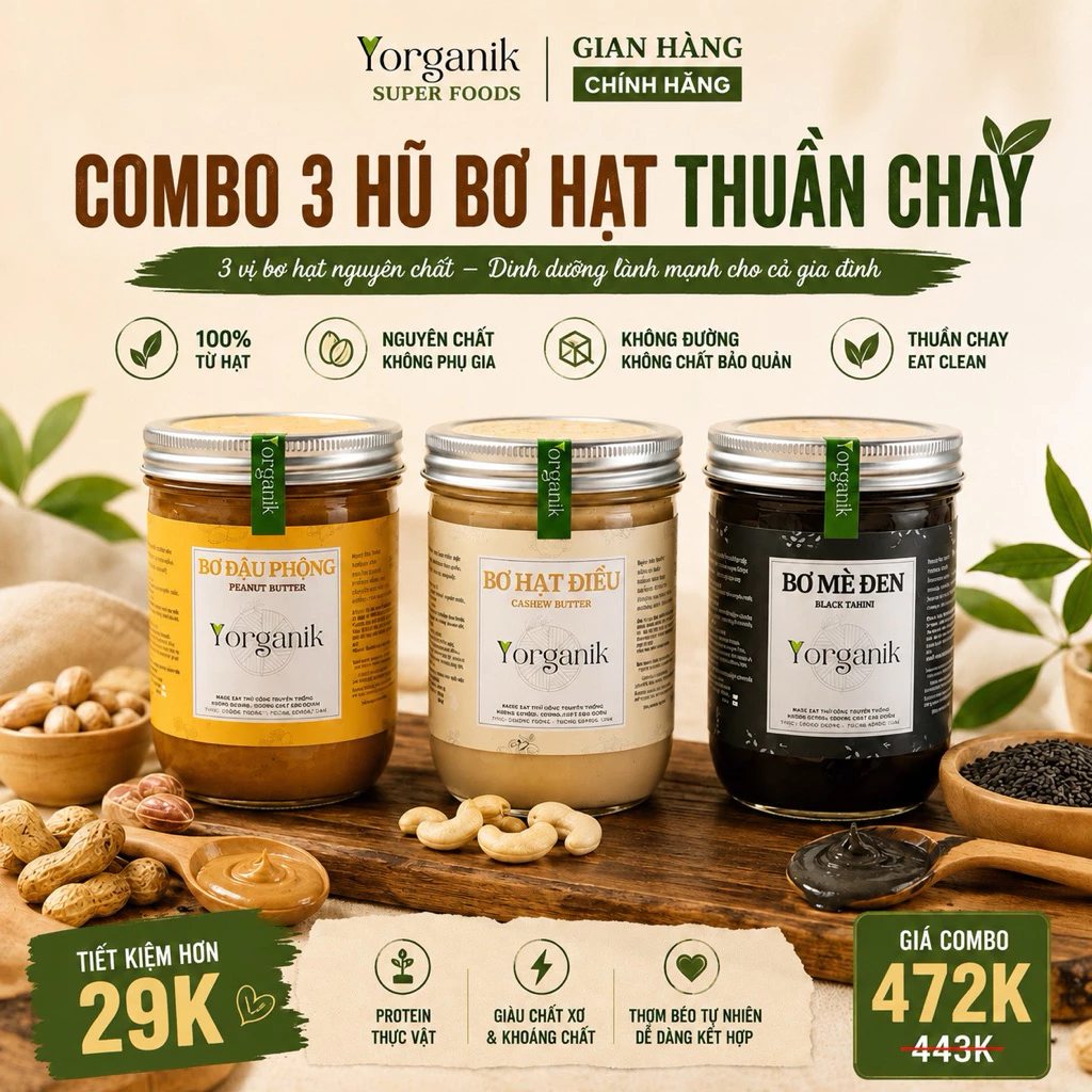 Combo Tiết Kiệm 3 Hủ Bơ Hạt Nguyên Chất Yorganik, size 200g/450g