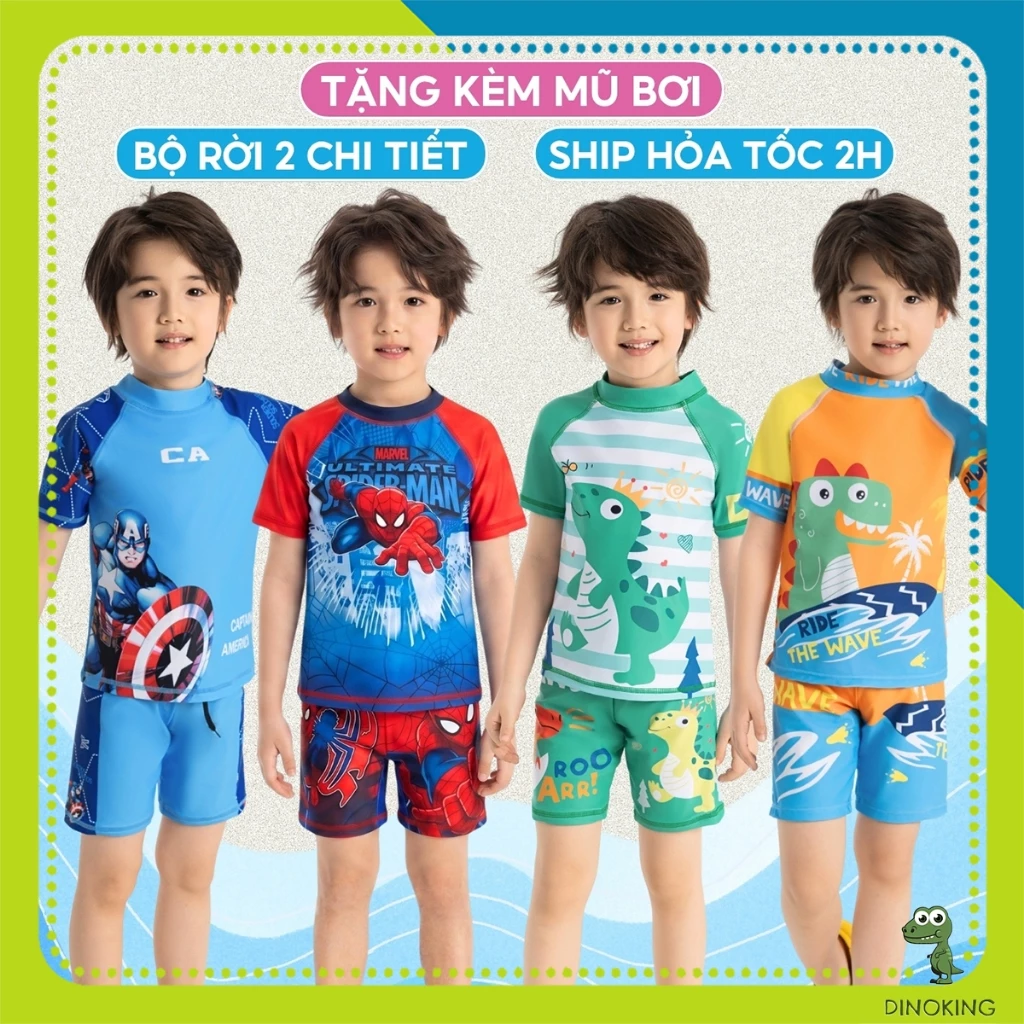 Đồ bơi cho bé trai DINOKING [TẶNG MŨ BƠI] Bộ bơi bé trai cộc tay quần rời 2 chi tiết đi biển bể bơi hè 2 - 11 tuổi DB72