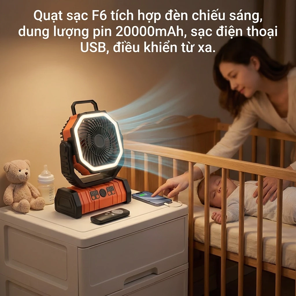 Quạt tích điện F6 đa năng pin 20000mAh kèm đèn chiếu sáng LED có cổng USB sạc điện thoại